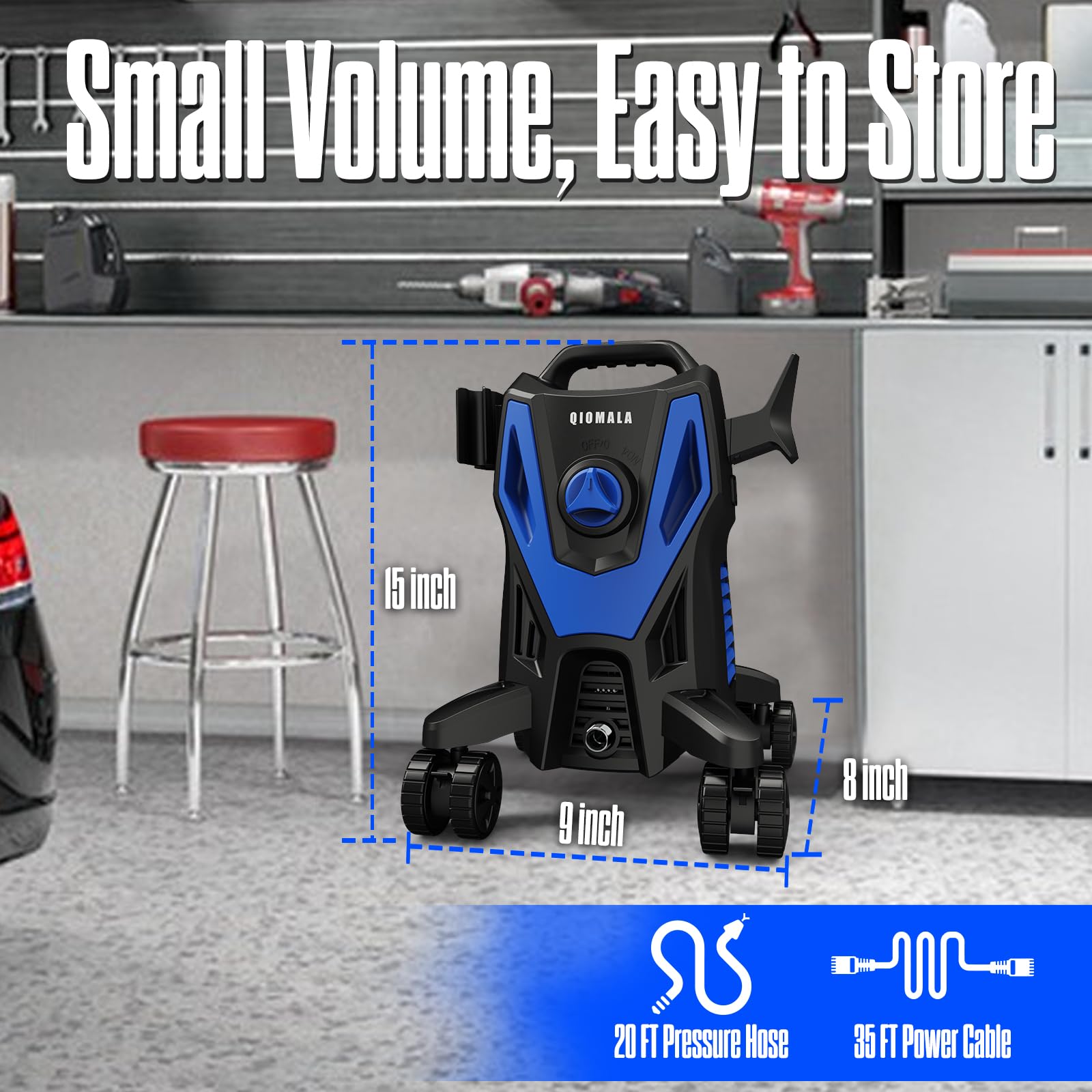 QIOMALA pressure washer stable four-wheel design for smooth handling on uneven surfaces.