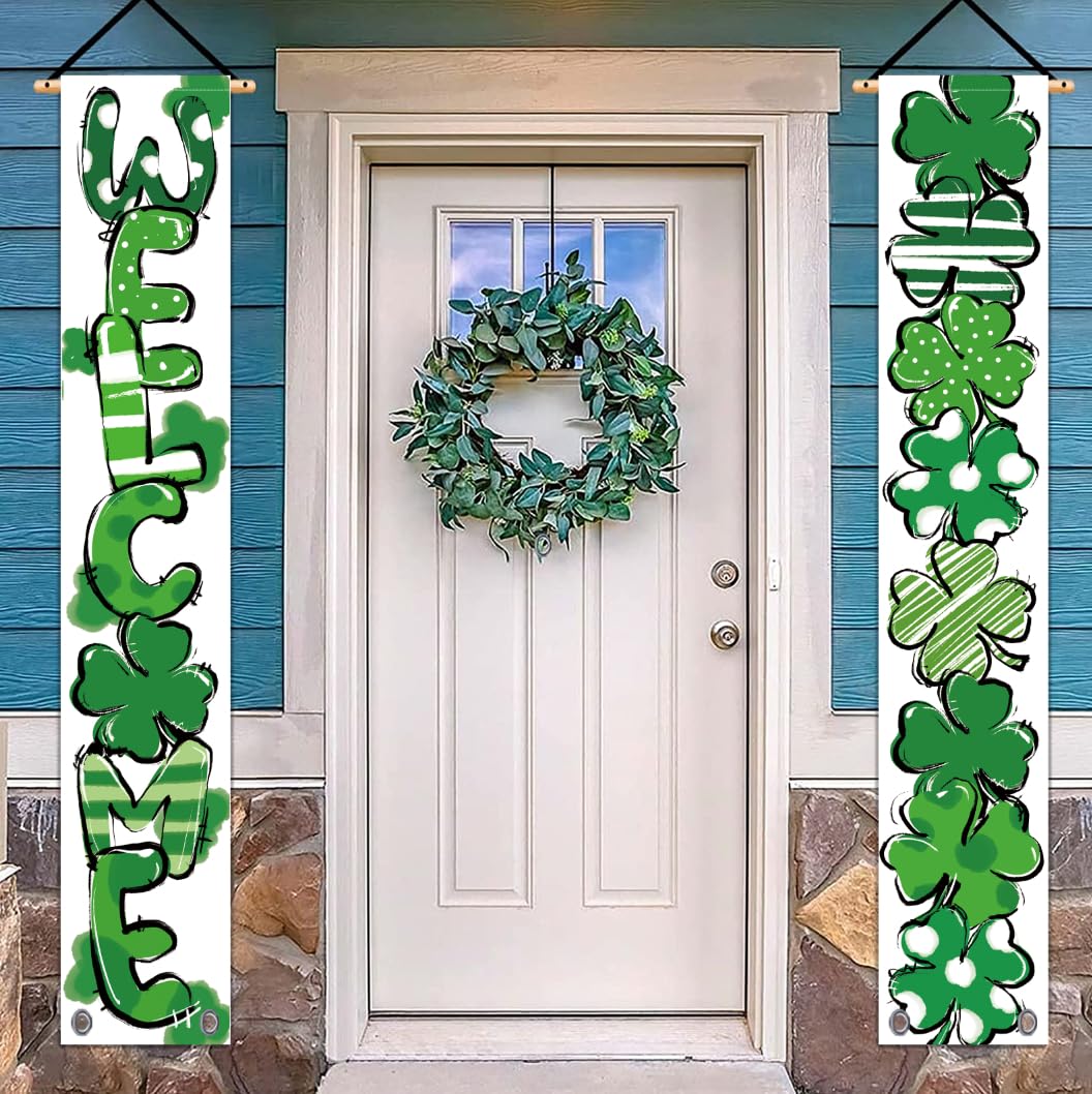 QIONG MENG St Patrick's Day banner welcomes guests with shamrock porch display.