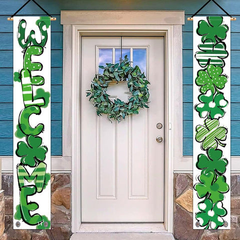 QIONG MENG St Patrick's Day banner welcomes guests with shamrock porch display.