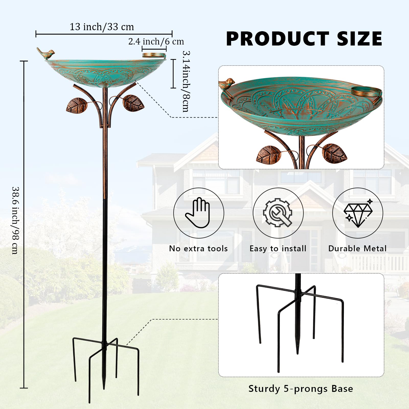 Qipade standing bird feeder stake in green supports feeding birds in gardens.