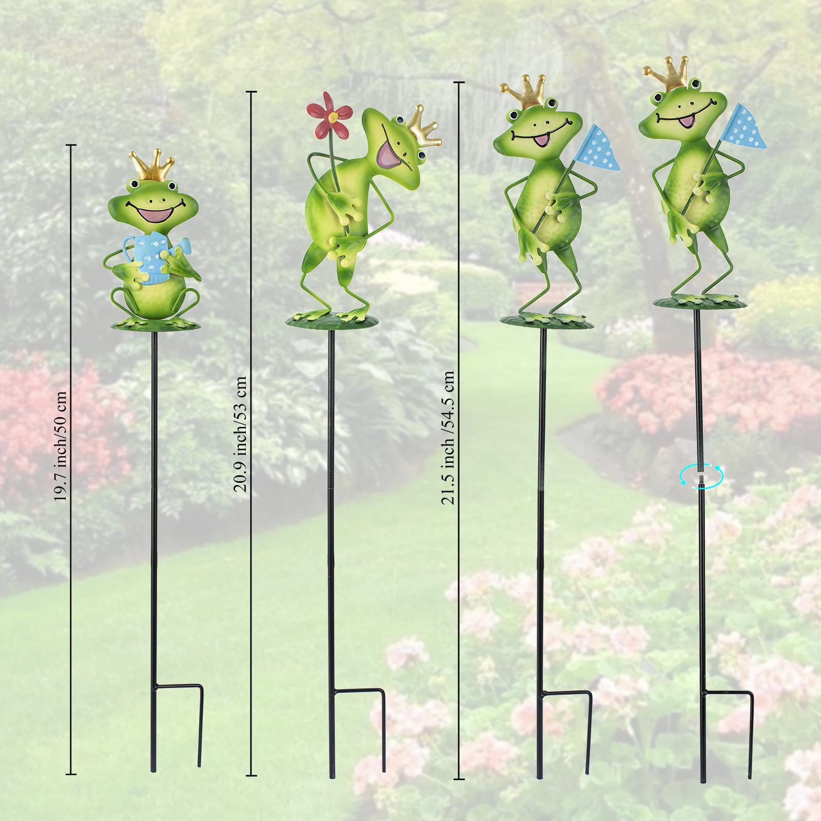 Bright green and yellow frogs serve as eye-catching plant accents with charm.