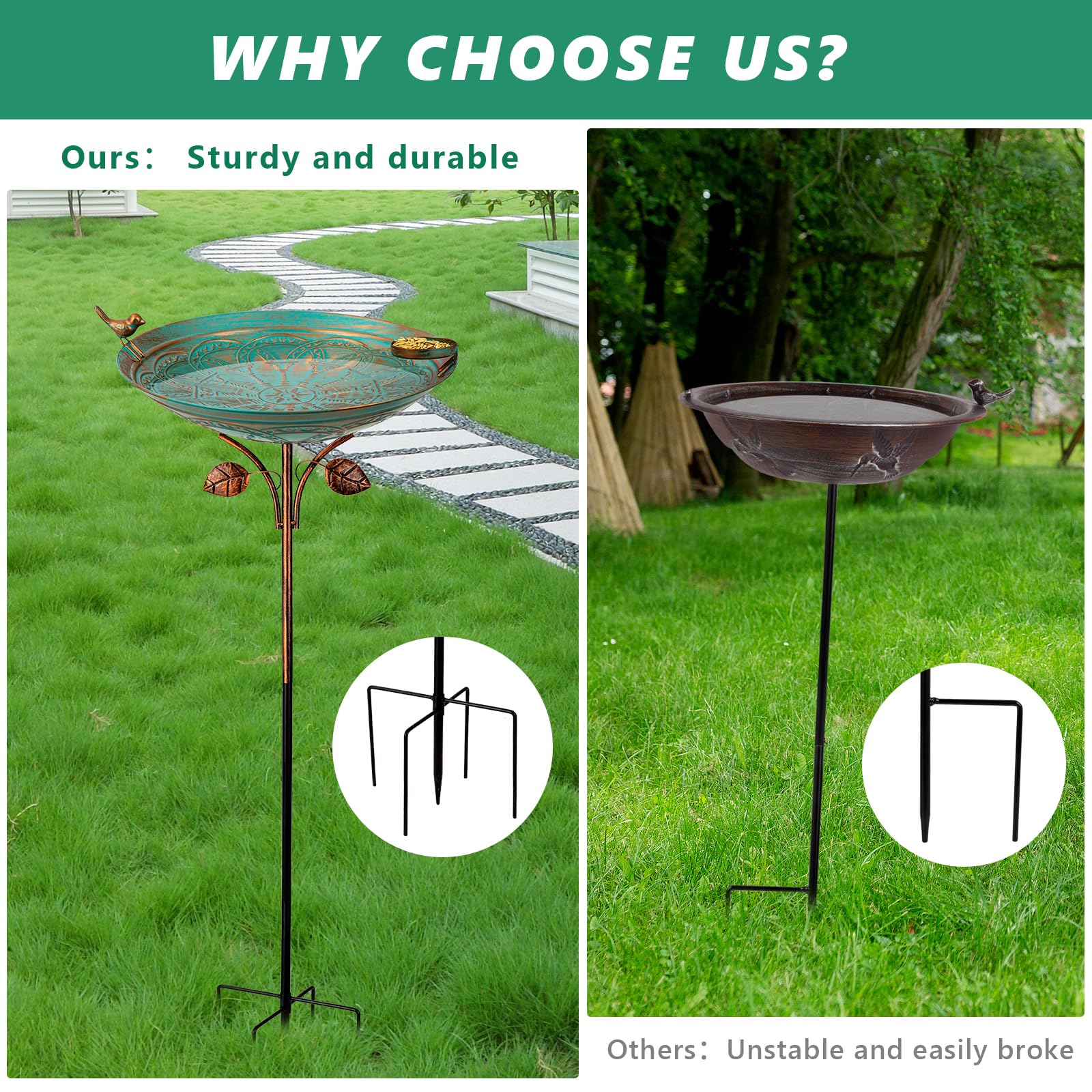 Qipade 39-inch tall bird bath with 5-prong stake offers stable setup.