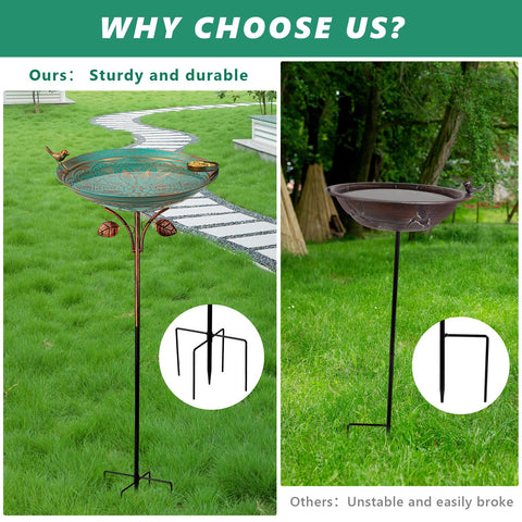 Qipade 39-inch tall bird bath with 5-prong stake offers stable setup.