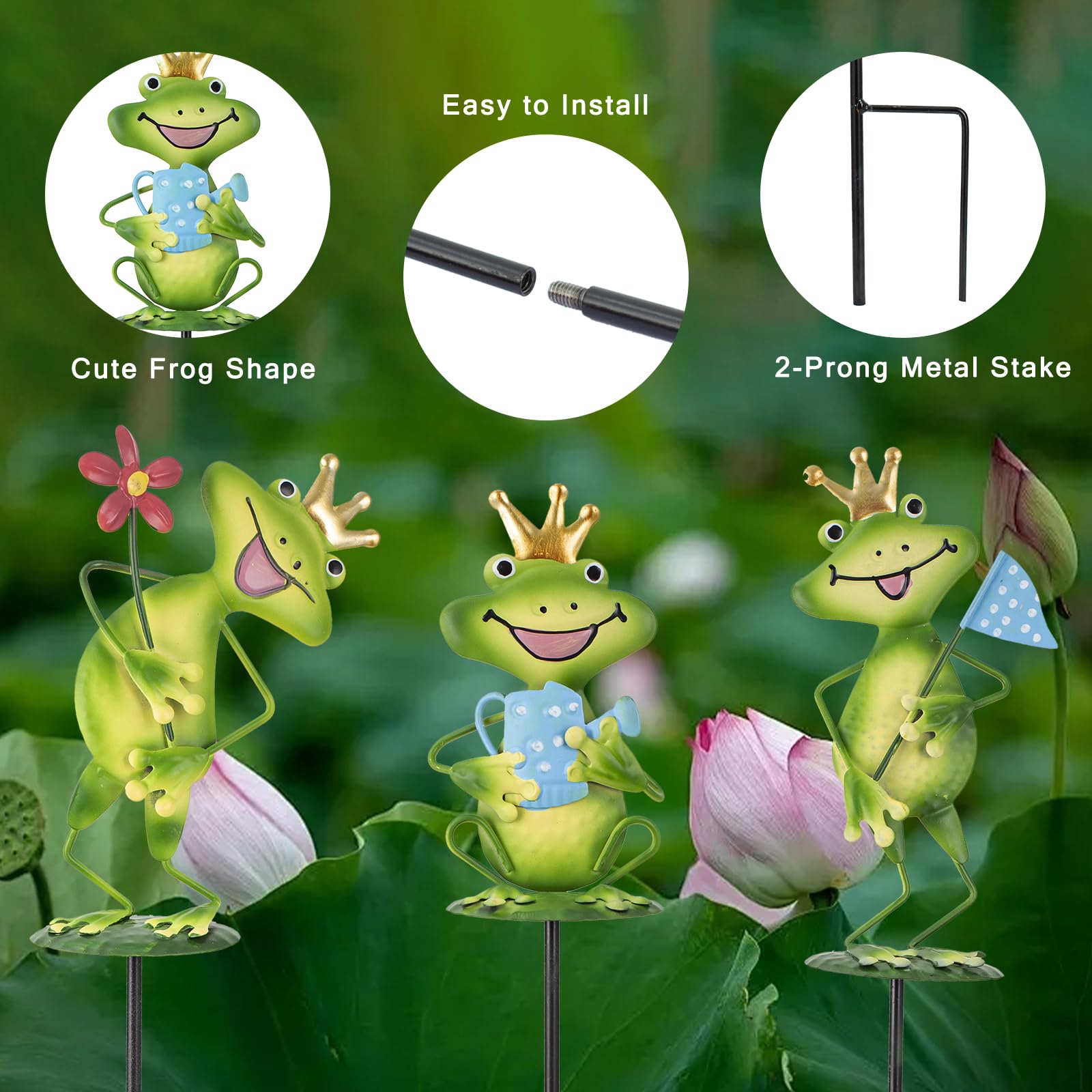 Qipade frog stake easily inserts into pots or soil for quick decoration.