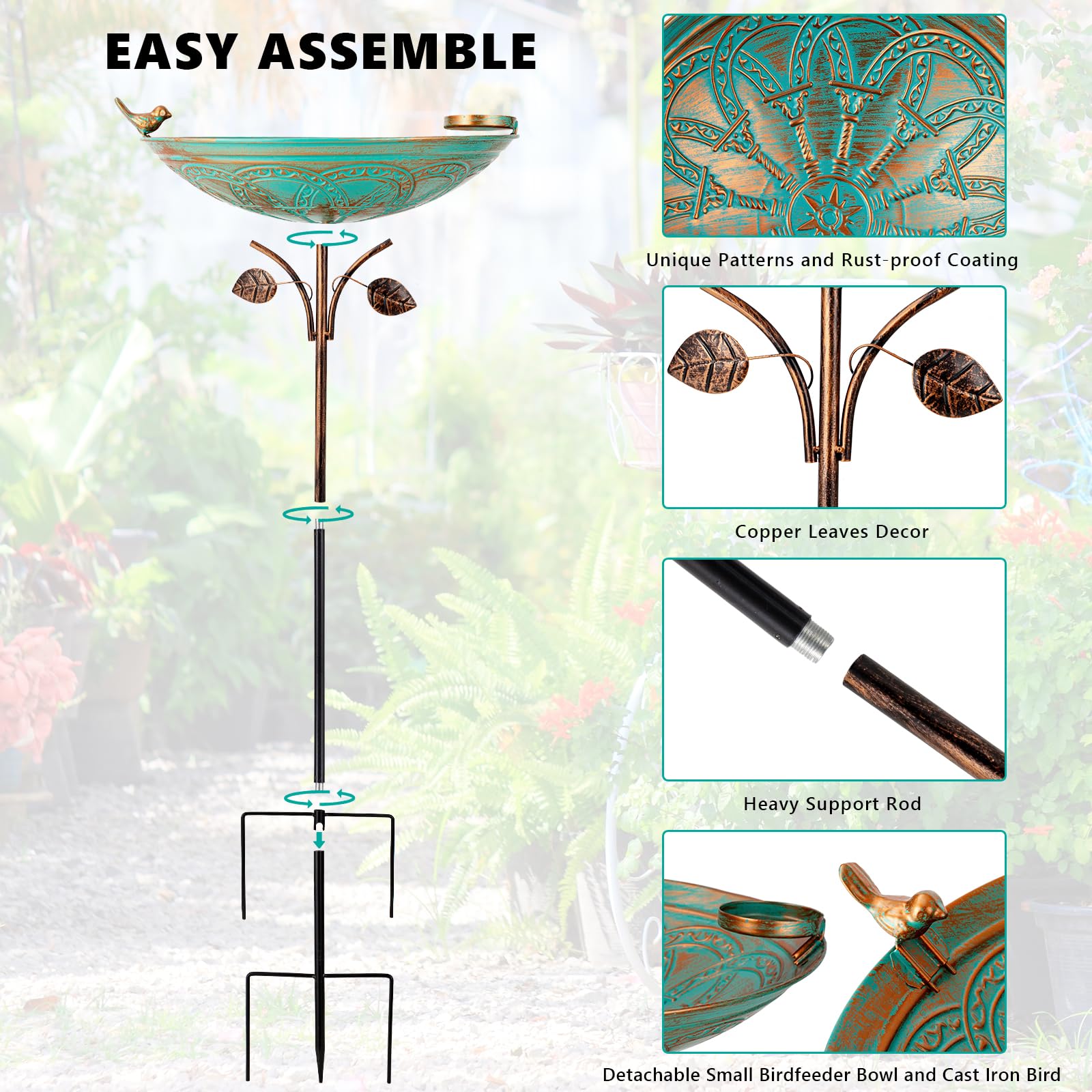 Qipade outdoor bird bath assembly green simplifies setup for quick enjoyment.