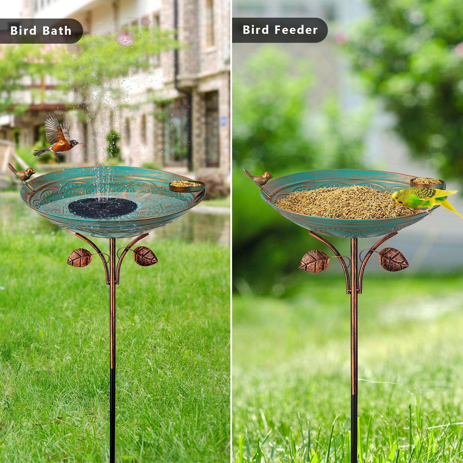 Qipade decorative bird bath and feeder combo invites feathered visitors to garden.