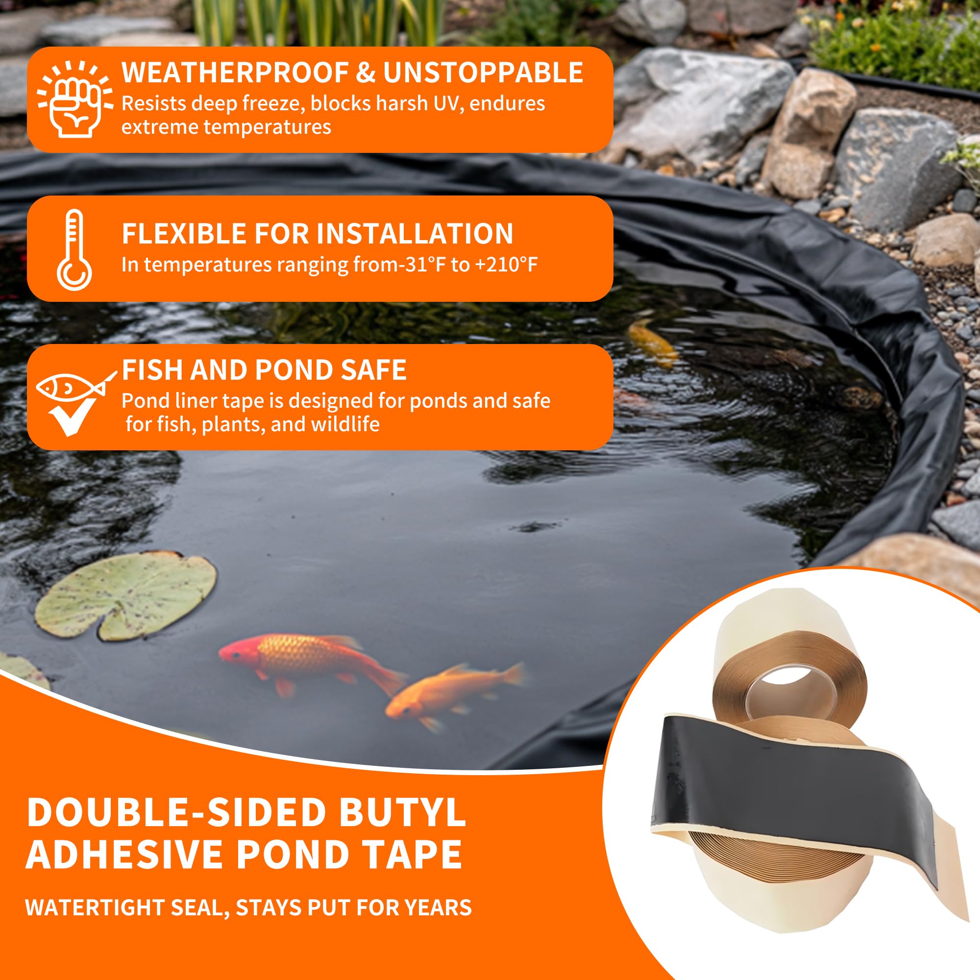 QITUO Double-Sided Butyl Adhesive Tape provides strong bonds for pond liner repairs