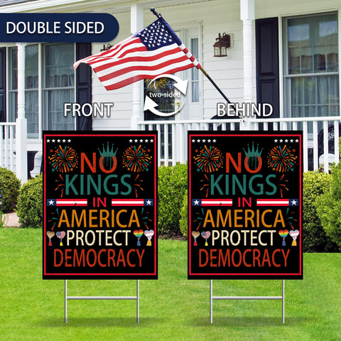 Qiyeyeye No Kings yard sign shown in lawn display at an outdoor space.