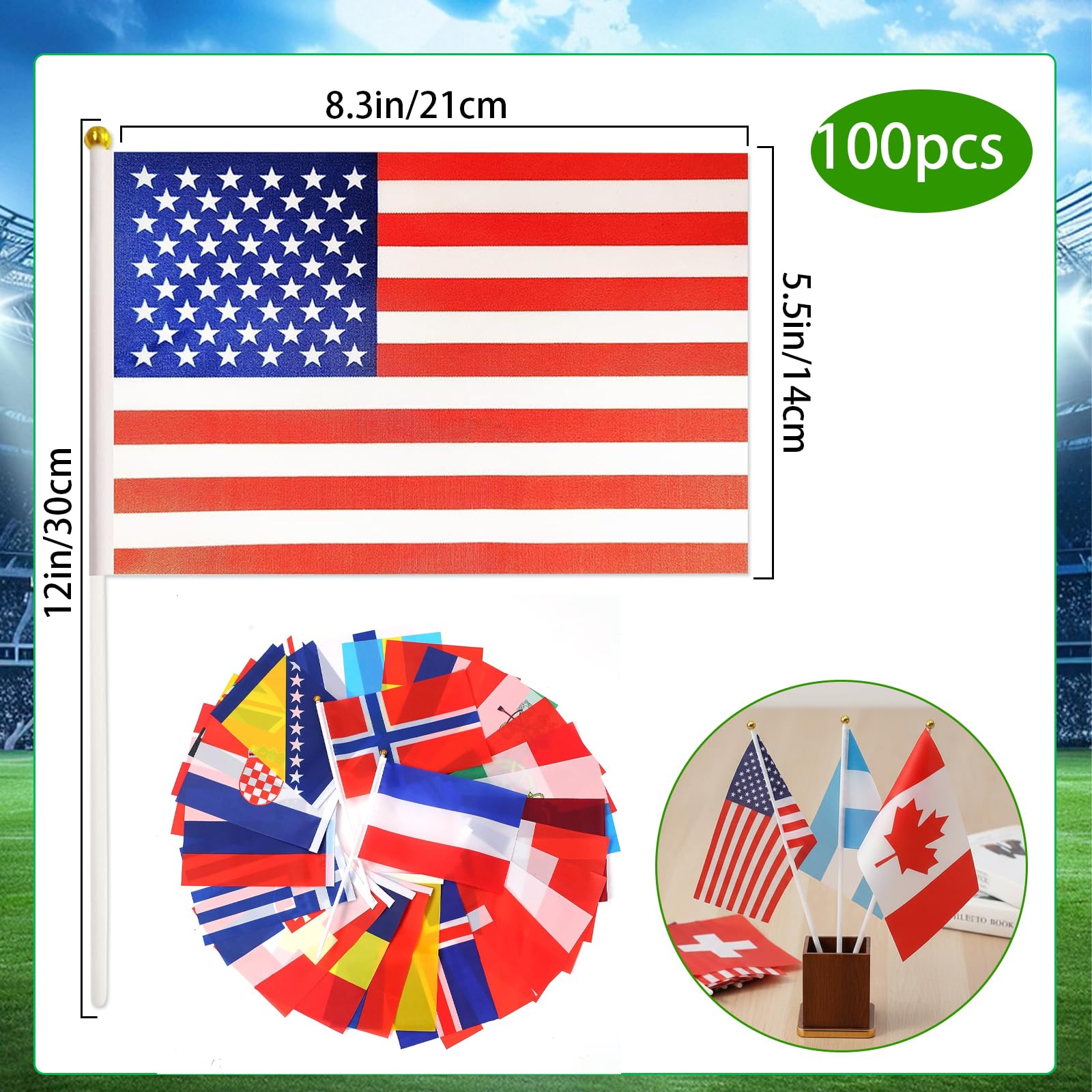 Qiyeyeye premium hand-held flags with plastic sticks for waving at games