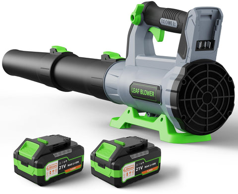 QIYORL cordless leaf blower with battery pack showing two 5.0Ah batteries for extended runtime