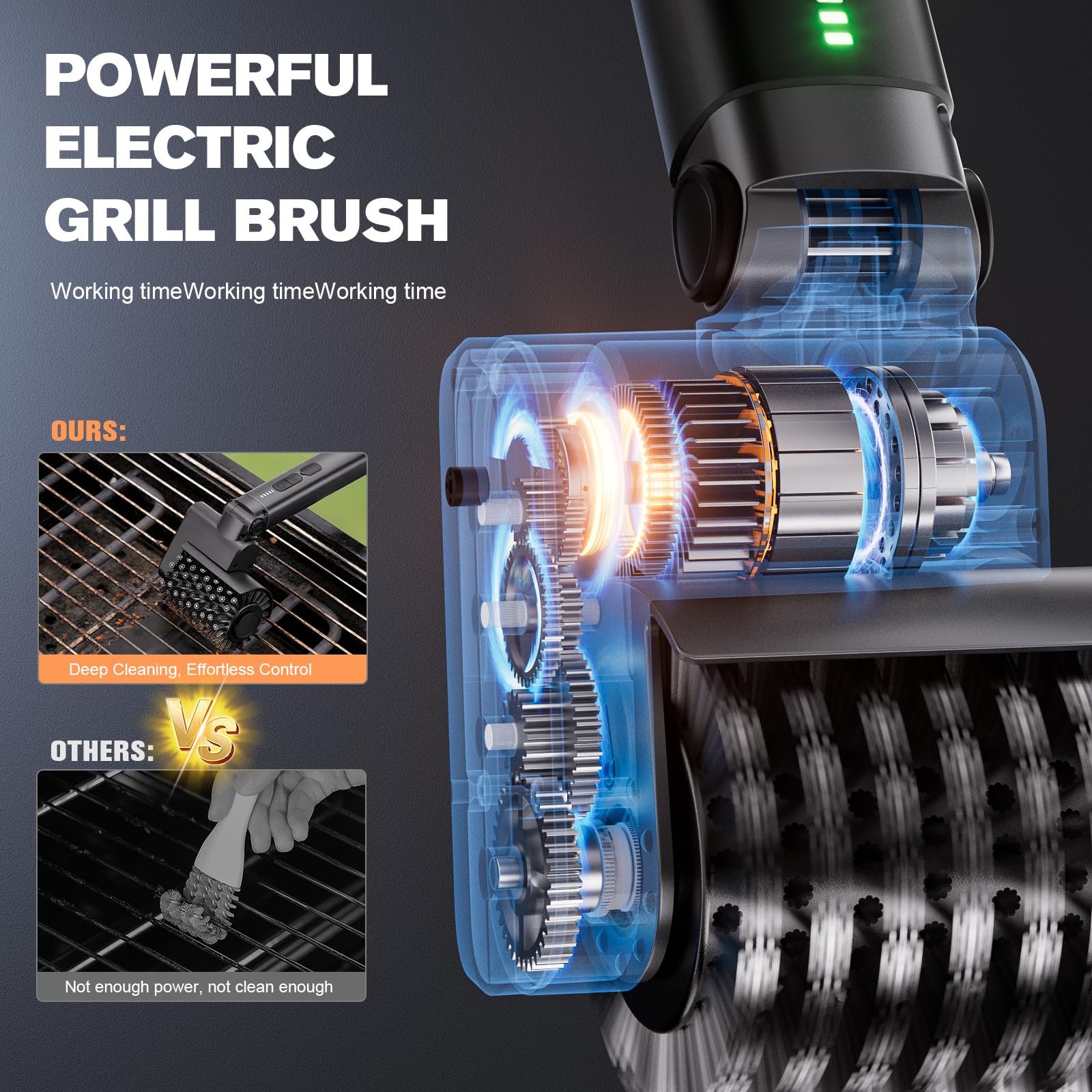 Three-speed settings on QKMPOM grill brush for varying grime