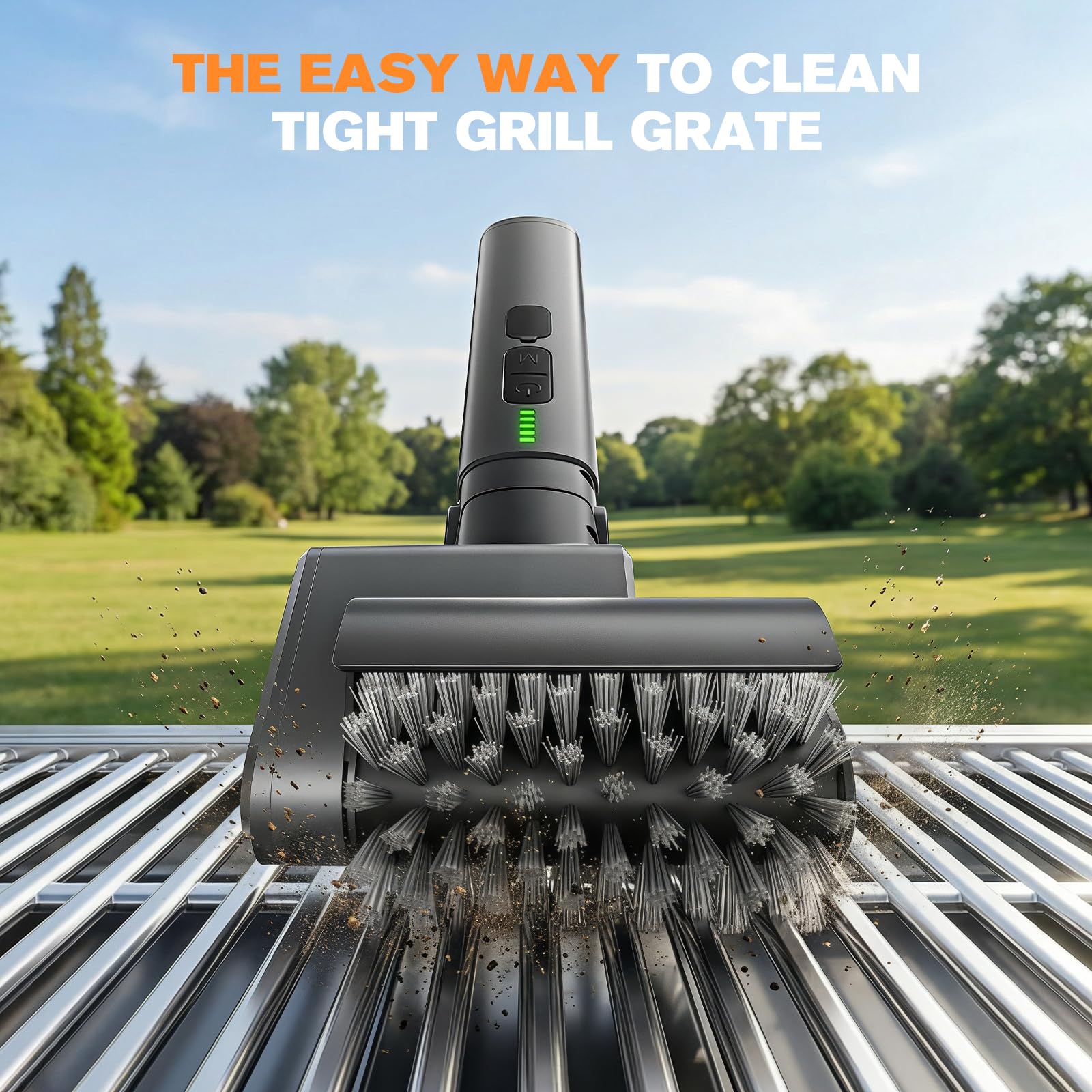 Adjustable rotation head cleans edges and corners of grills