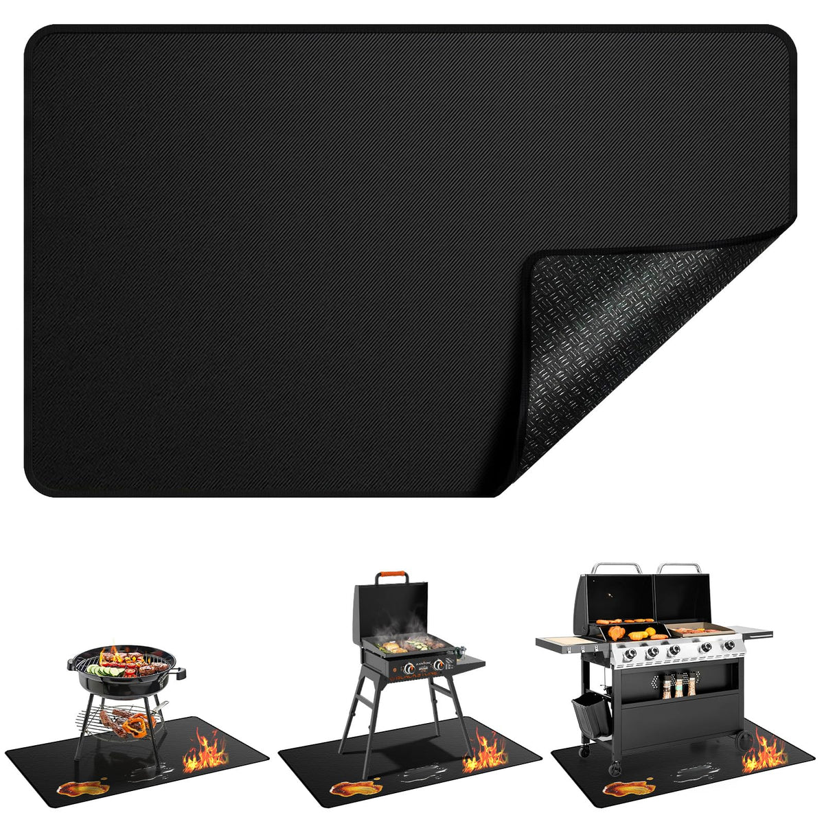 Qlazipse grill mat 48x30 on deck protects against heat and oil spills.