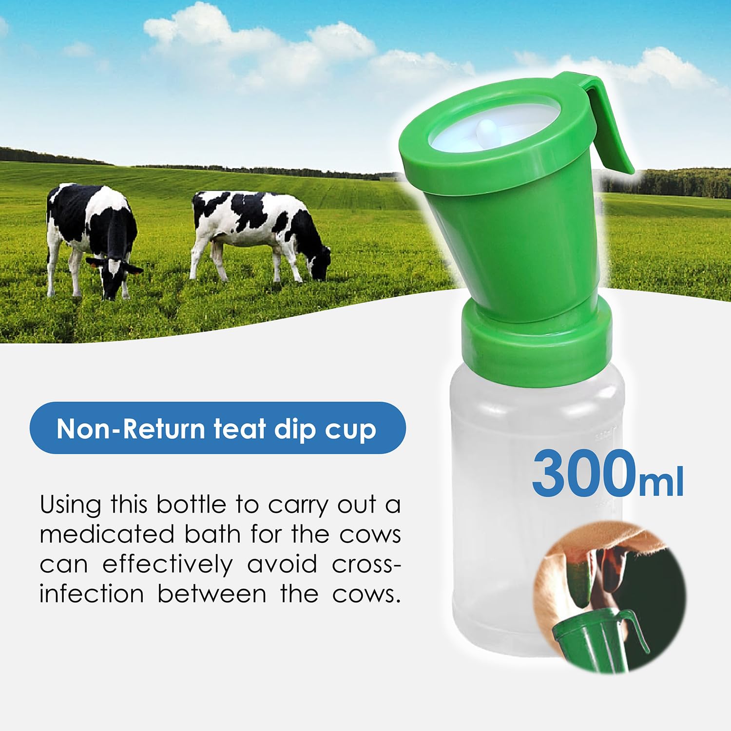 QMARK teat dip cup with belt clip keeps tools handy on the dairy.