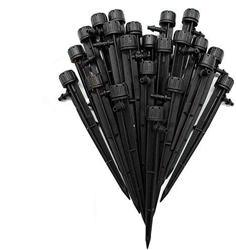 QMOEH adjustable irrigation dripper shown with 360-degree flow for even watering.