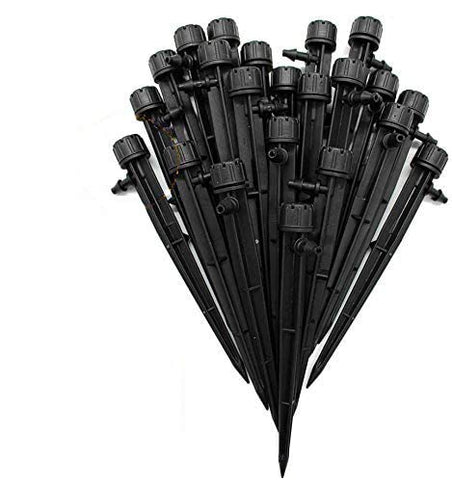 QMOEH adjustable irrigation dripper shown with 360-degree flow for even watering.