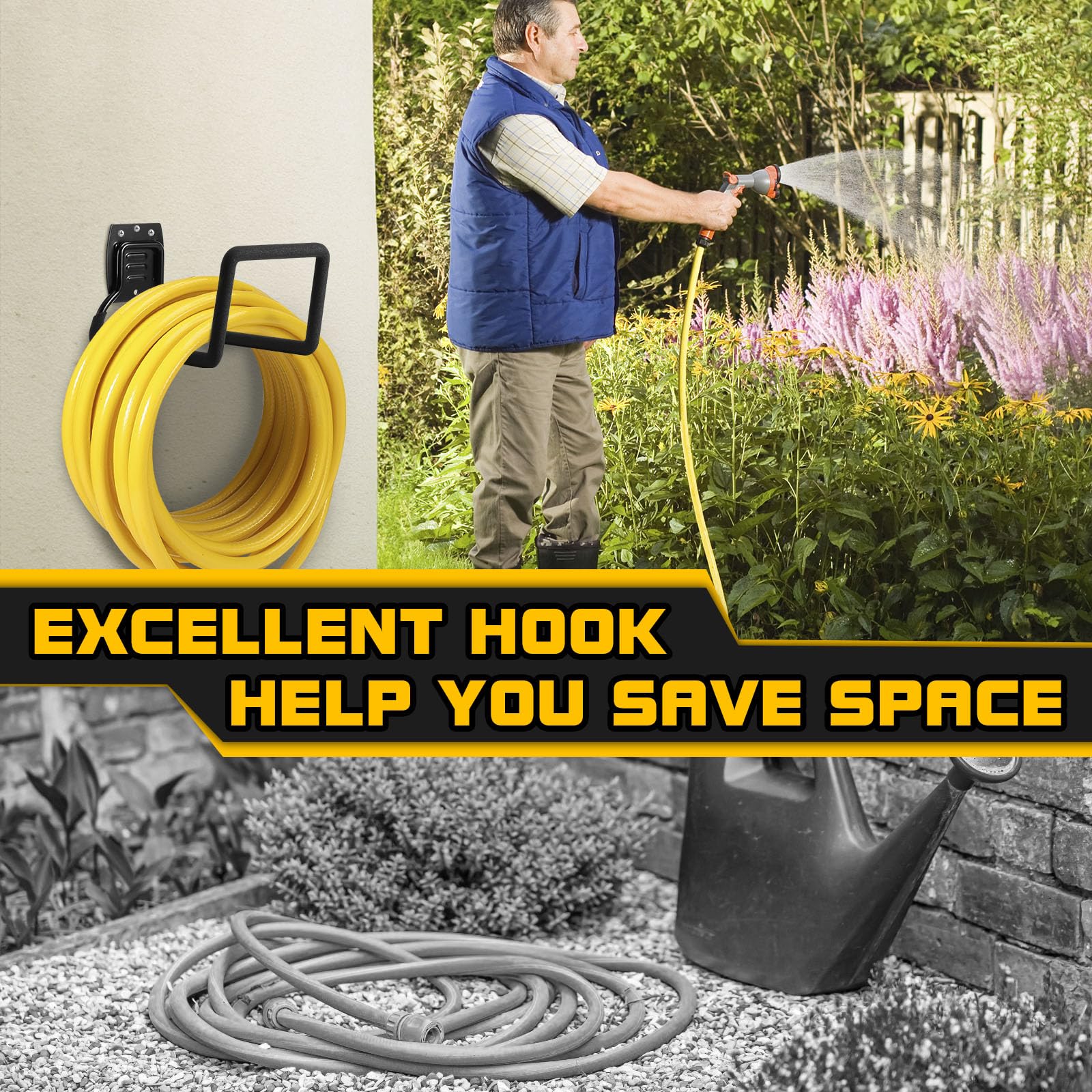 QMSK garden hose organizer hanger keeps hoses untangled for quick watering.