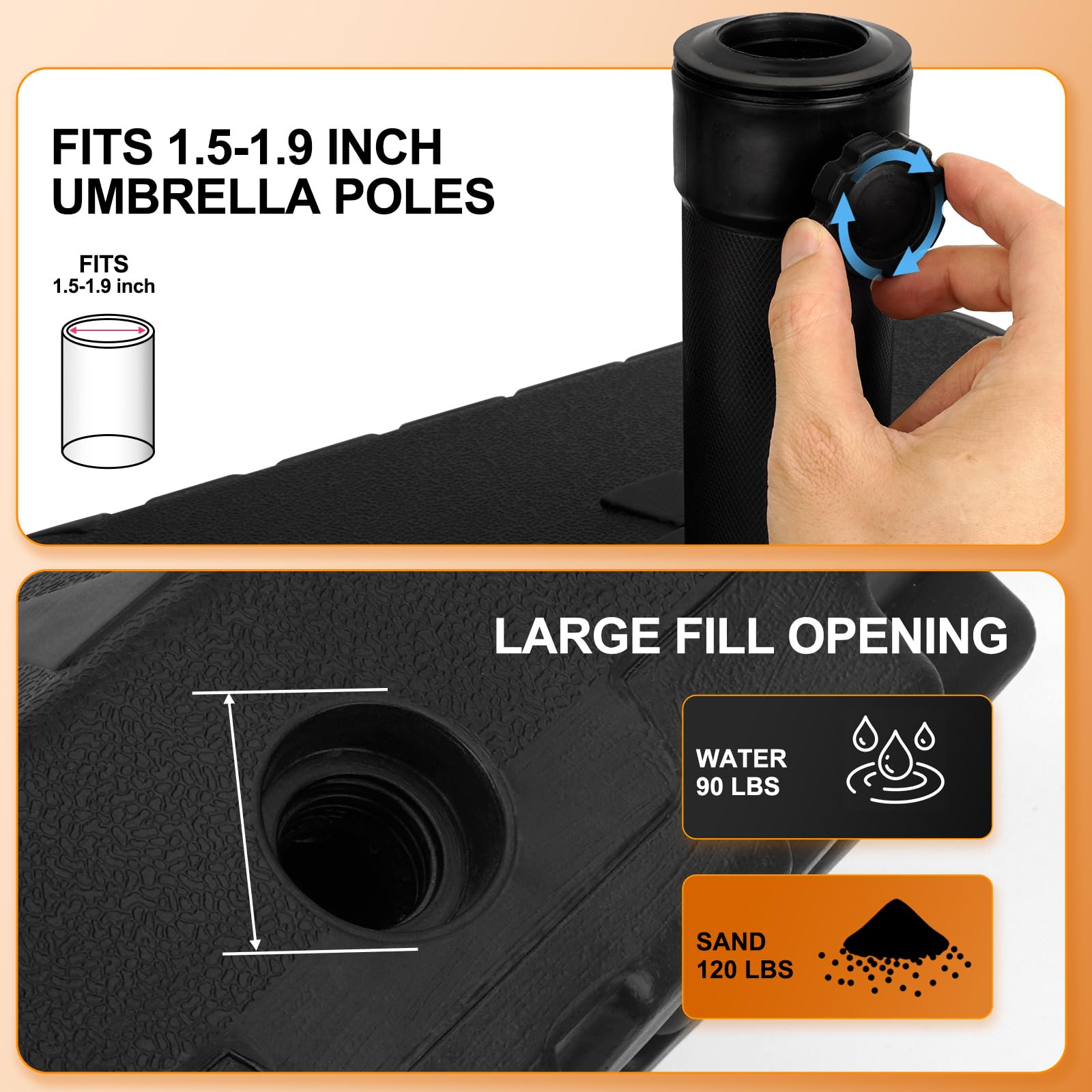 Universal fit for umbrella poles from 1.5 to 1.9 inches.