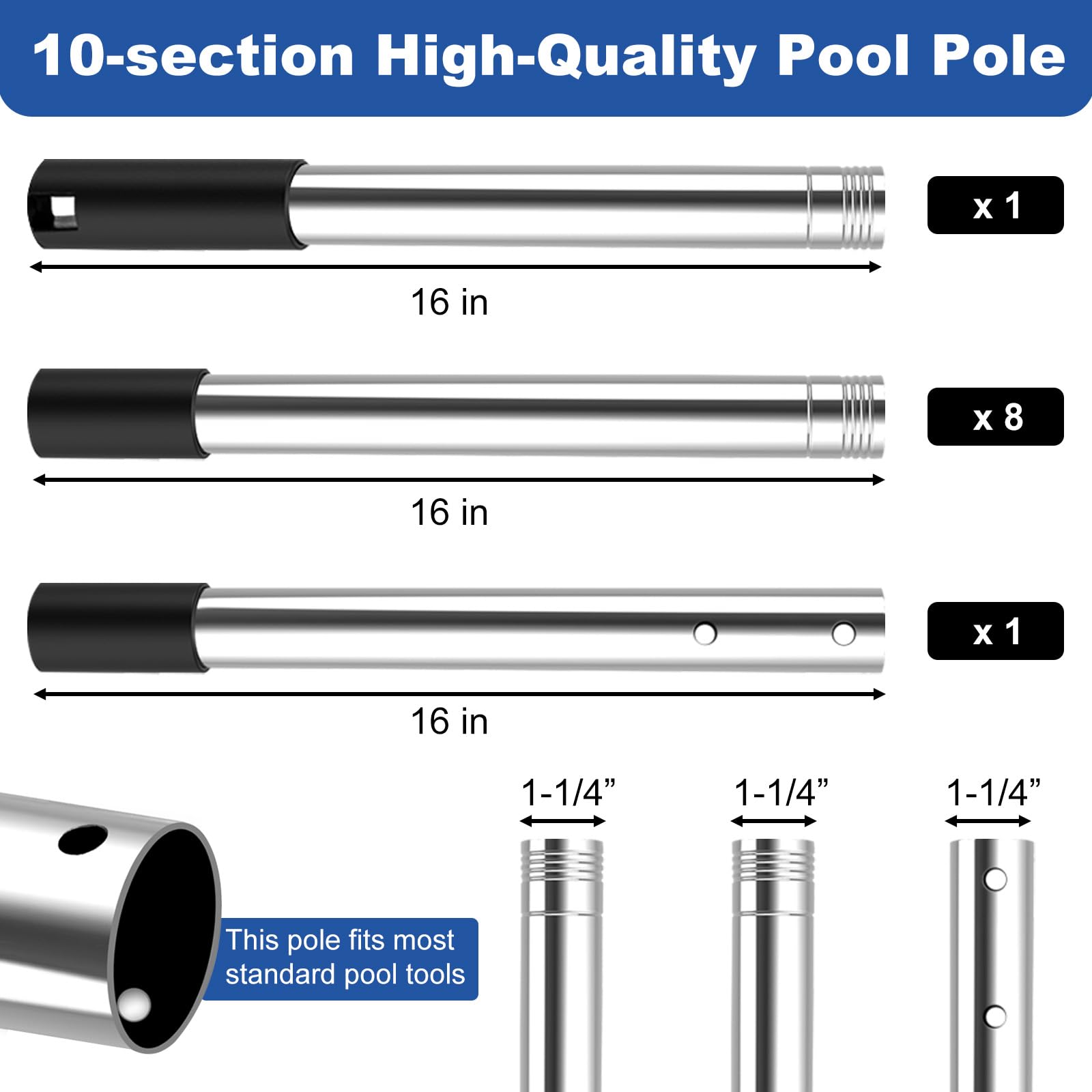 QNFANN pool pole with stainless steel body for durable cleaning performance.