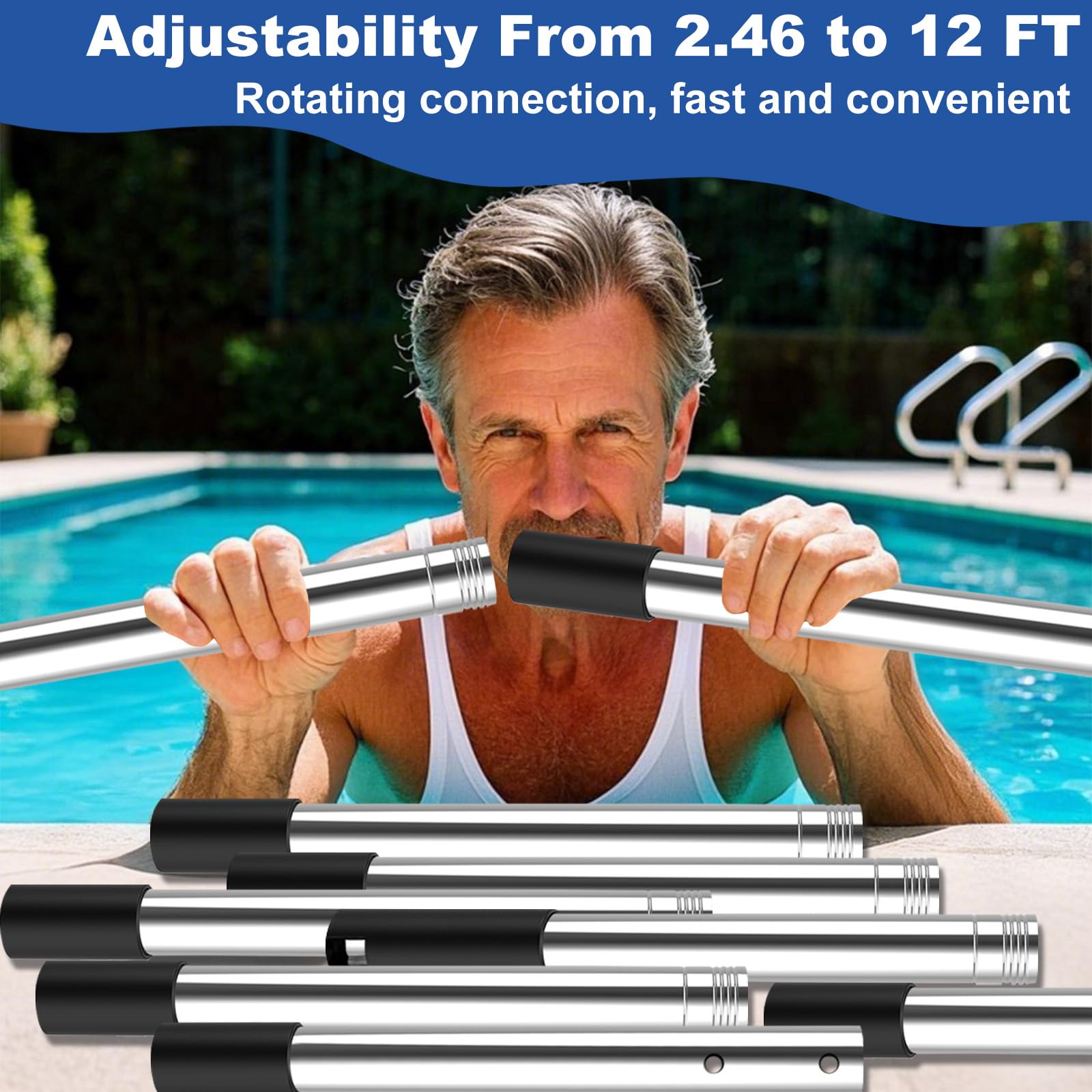 QNFANN pool pole threaded connection enhances stability while you scrub walls.