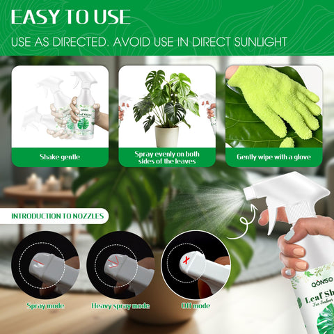 QONS Leaf Shine Spray bottle shown among thriving plants