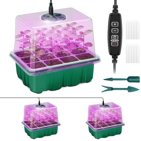 Qoolife seed starter tray front view with built-in grow lights for healthy germination.