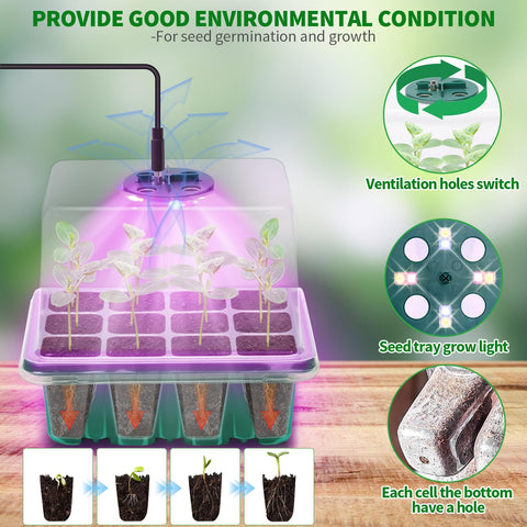 Qoolife seed starter tray with grow lights showing full spectrum for robust seedlings.