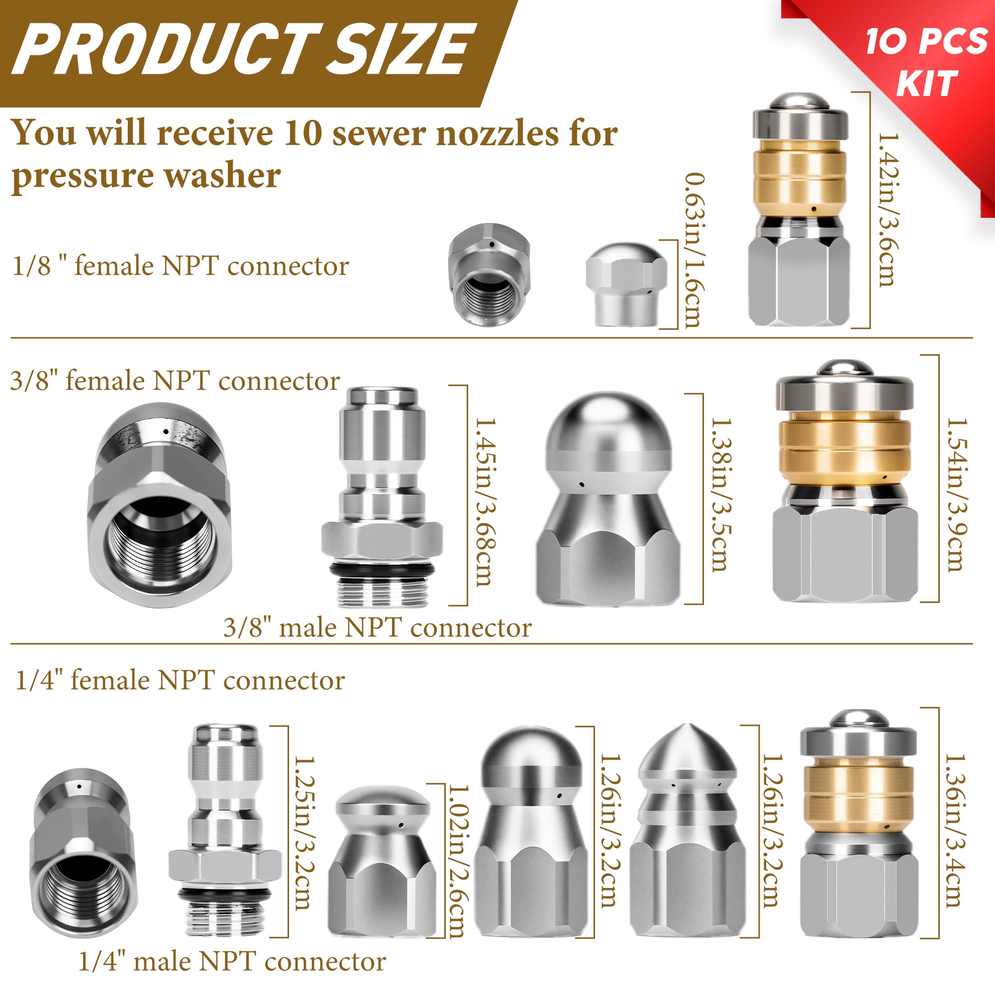 Qoroos 3/8 inch sewer jetter nozzle highlights stainless steel construction