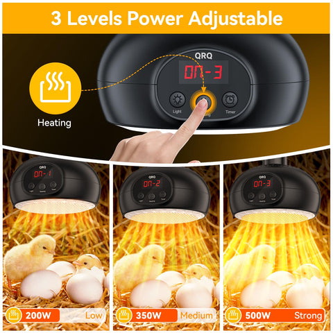 QRQ heater shows three temperature levels for adaptable coop warmth.