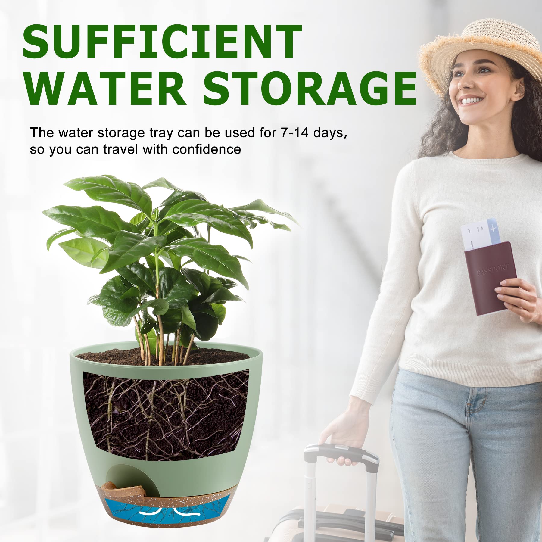 QRRICA saucer-equipped planter set for spill-free watering and tidy surfaces.