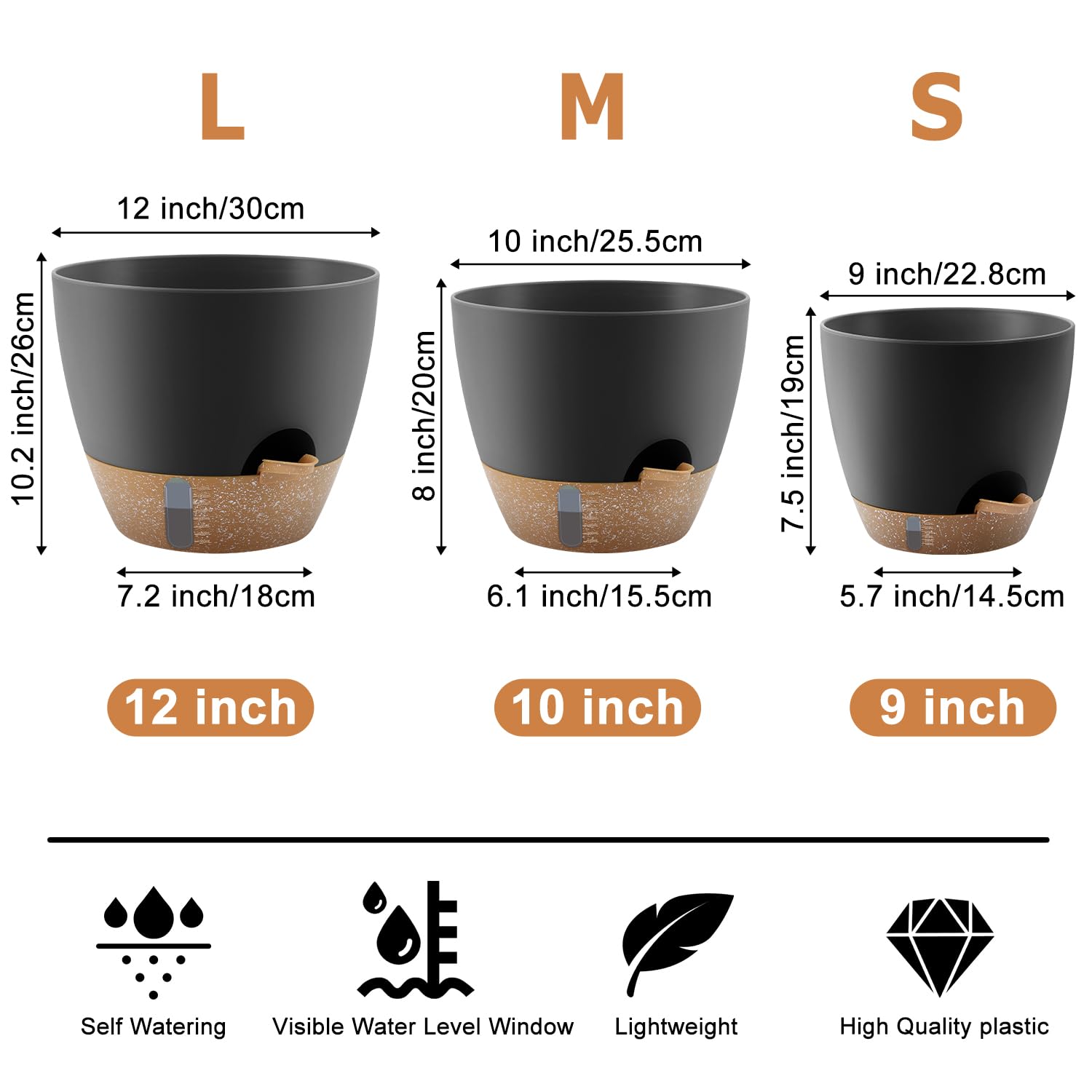 QRRICA 10-inch self-watering pot shows water level for convenient moisture management.