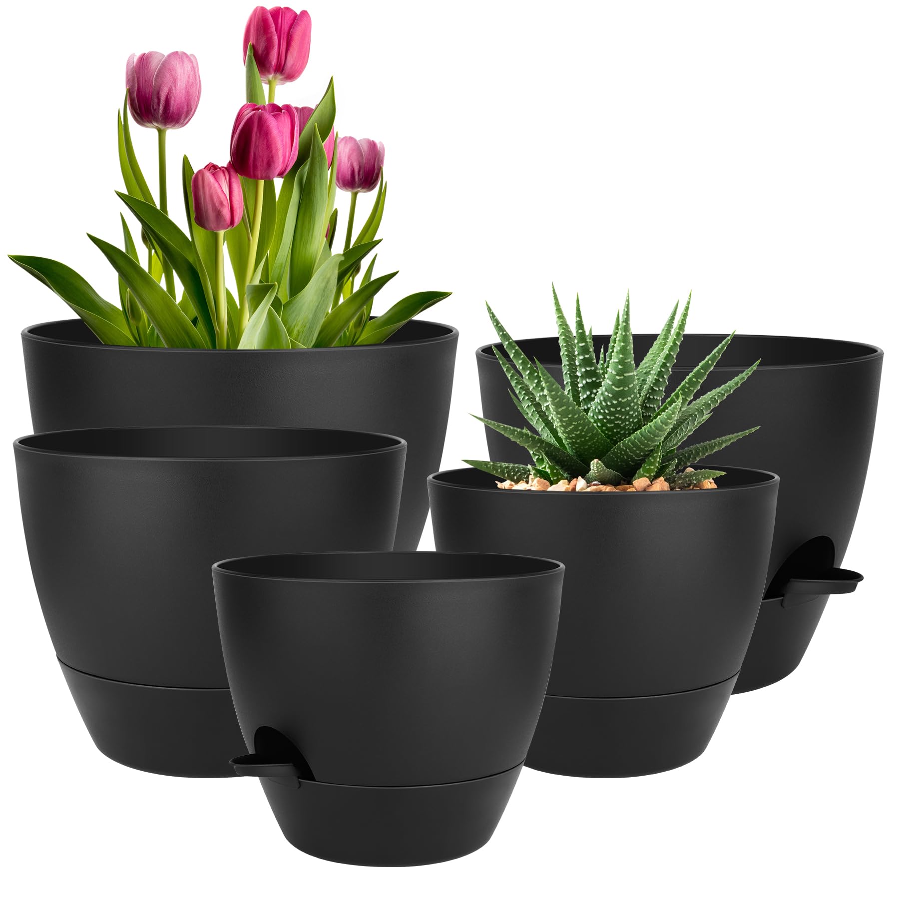 QRRICA 10inch self-watering pot with drainage holes keeps soil moist for indoor plants.