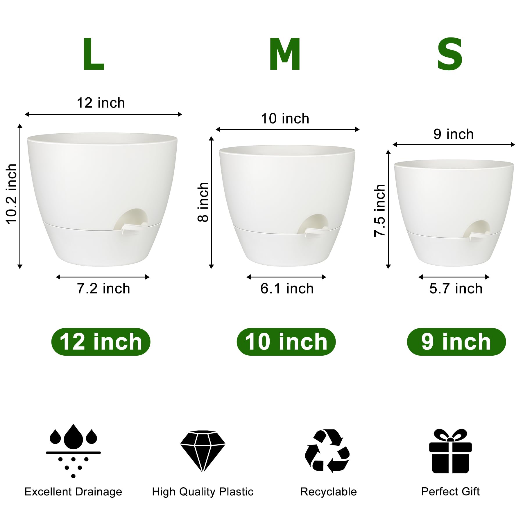 QRRICA 9inch white self-watering pot side view prevents overwatering.