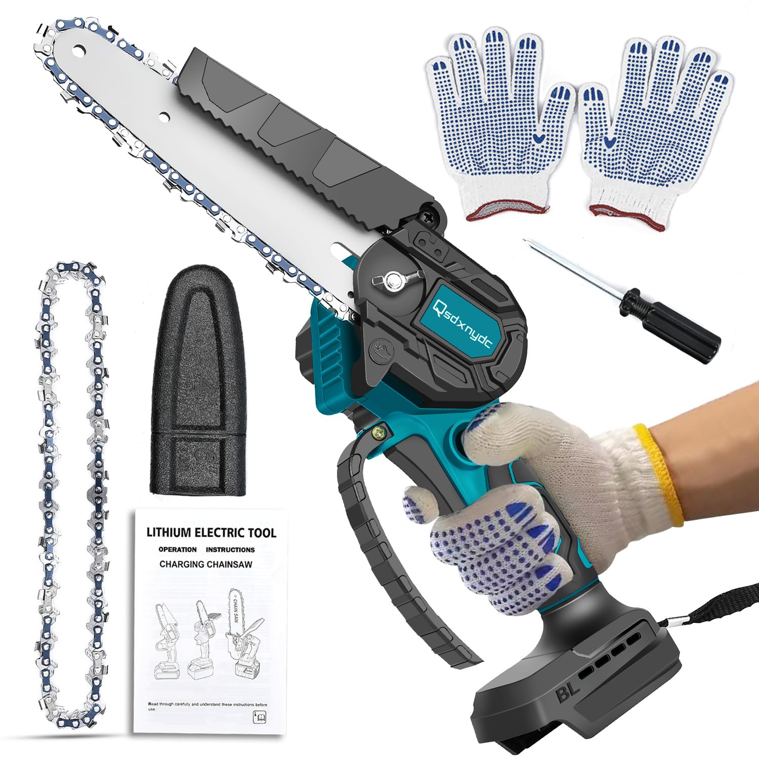 QSDXNYDC cordless mini chainsaw cutting wood efficiently for yard work