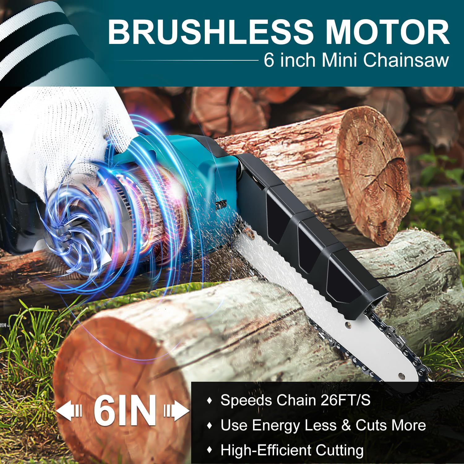 QSDXNYDC cordless mini chainsaw held in one hand for portability