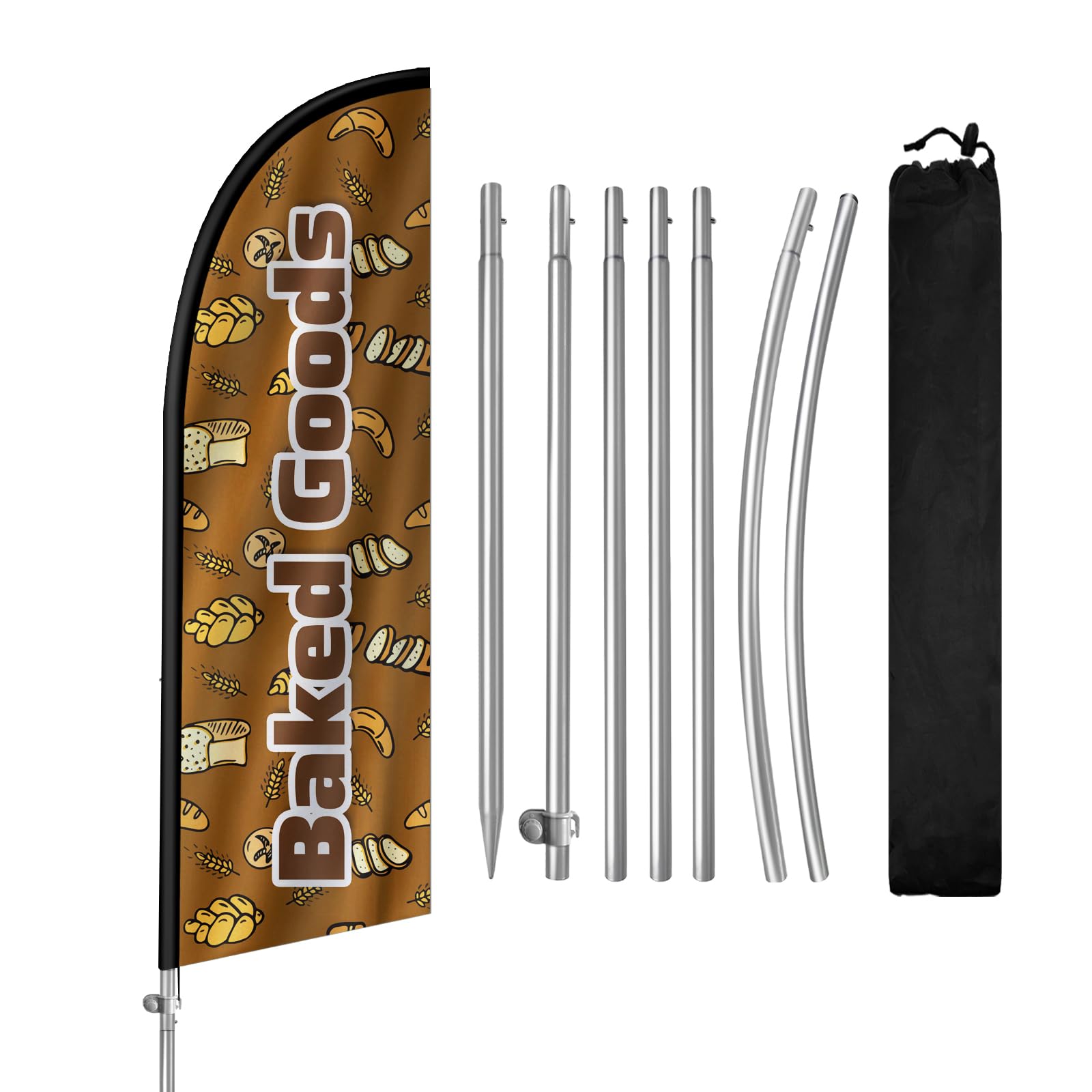 QSUM 8FT baked goods flag display with bright colors for outdoor bakery advertising.