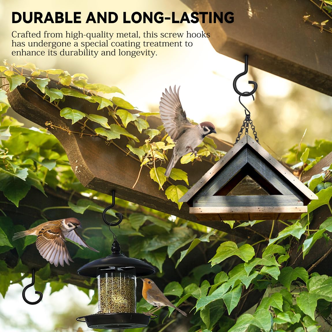 QTJUST outdoor bird feeder hook in black metal for durable use.