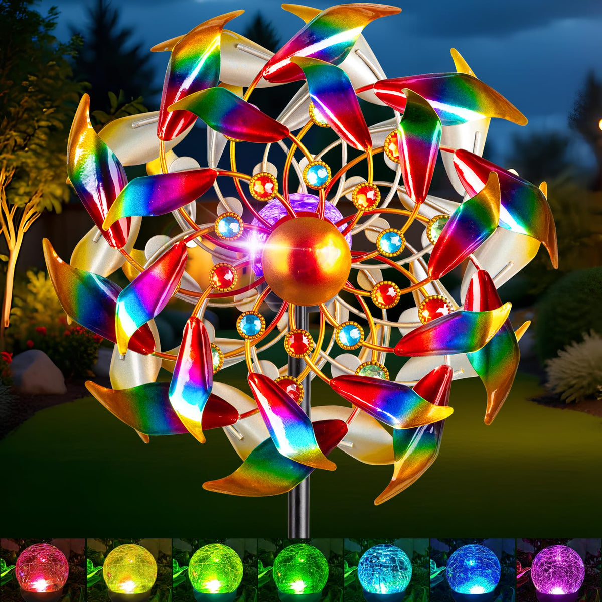 Qualdout solar wind spinner with four-tier blades delivering vibrant 360° motion in any garden breeze.