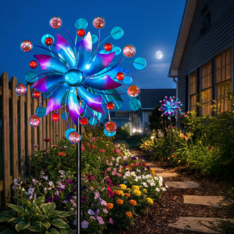 Qualdout Solar Wind Spinner with glass ball LED illuminating at dusk