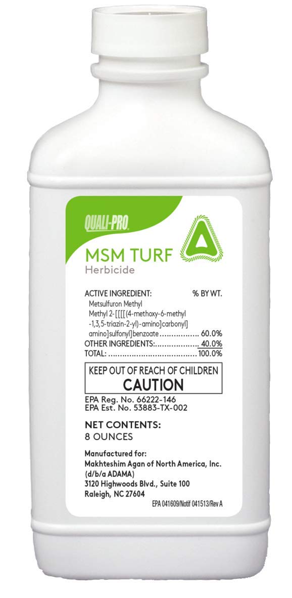 Quali-Pro MSM Turf Herbicide 8oz bottle targets weeds in residential lawns.