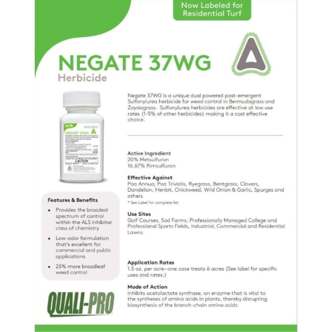 Close-up of Quali-Pro Negate 37WG label showing ingredients and usage.