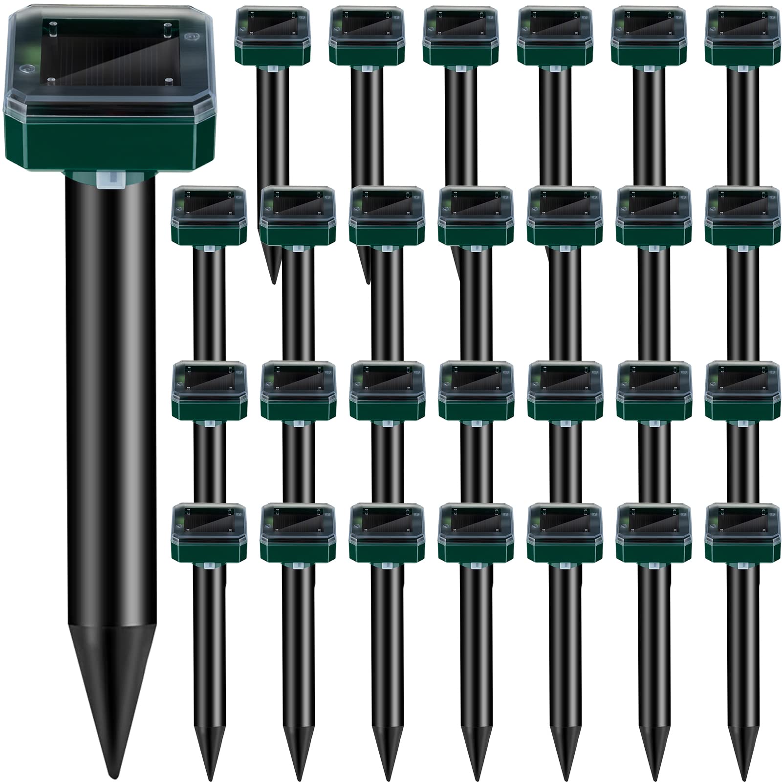 Qualirey 28-piece solar mole deterrent spikes protecting a square lawn area