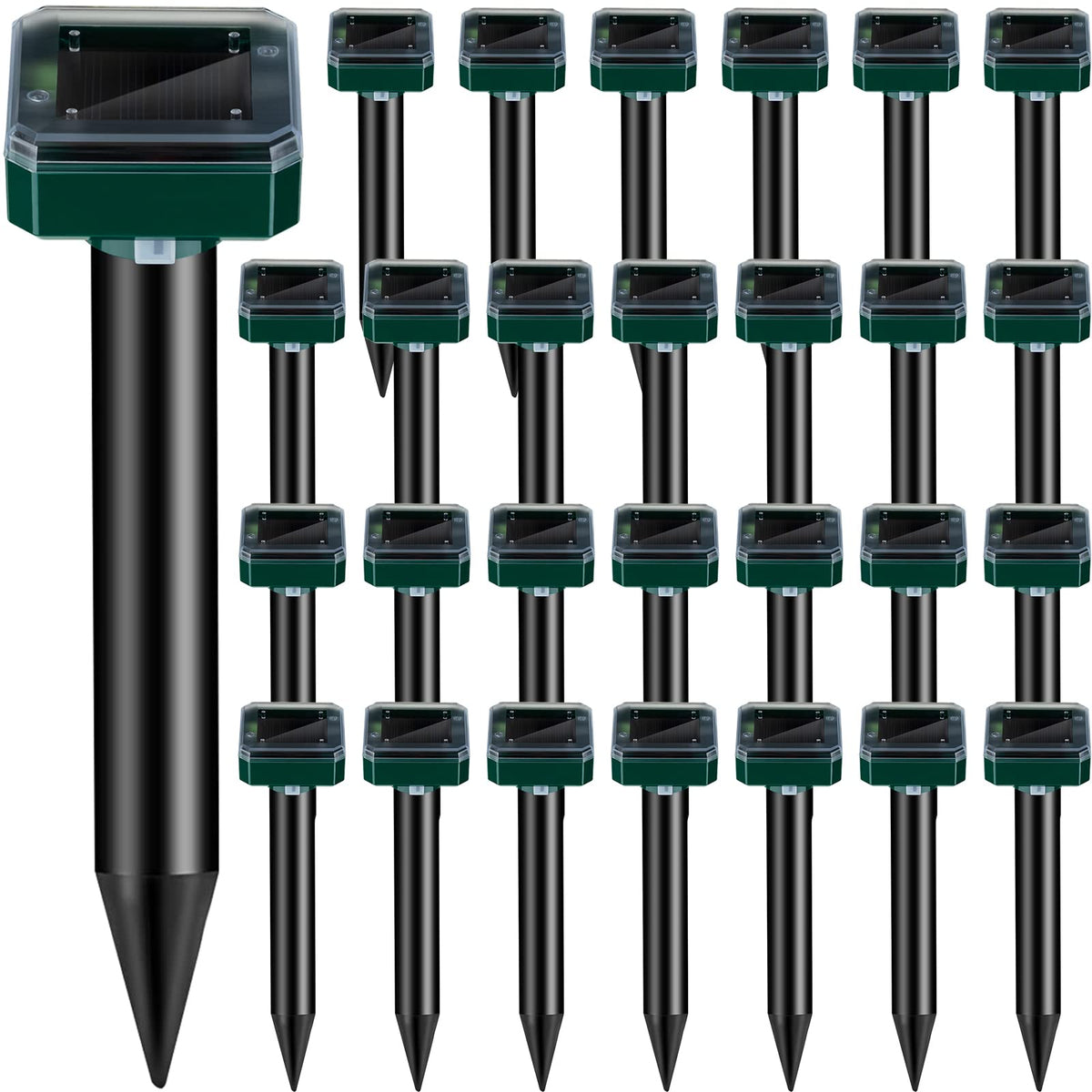 Qualirey 28-piece solar mole deterrent spikes protecting a square lawn area