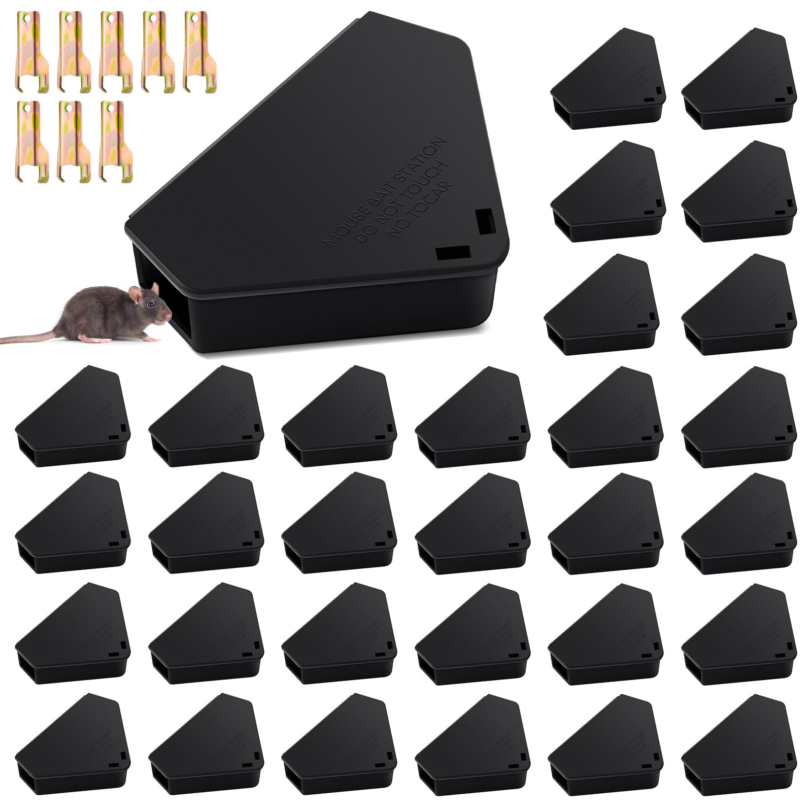 Qualirey 36-piece mice station with triangle design and locking key for safe trapping.