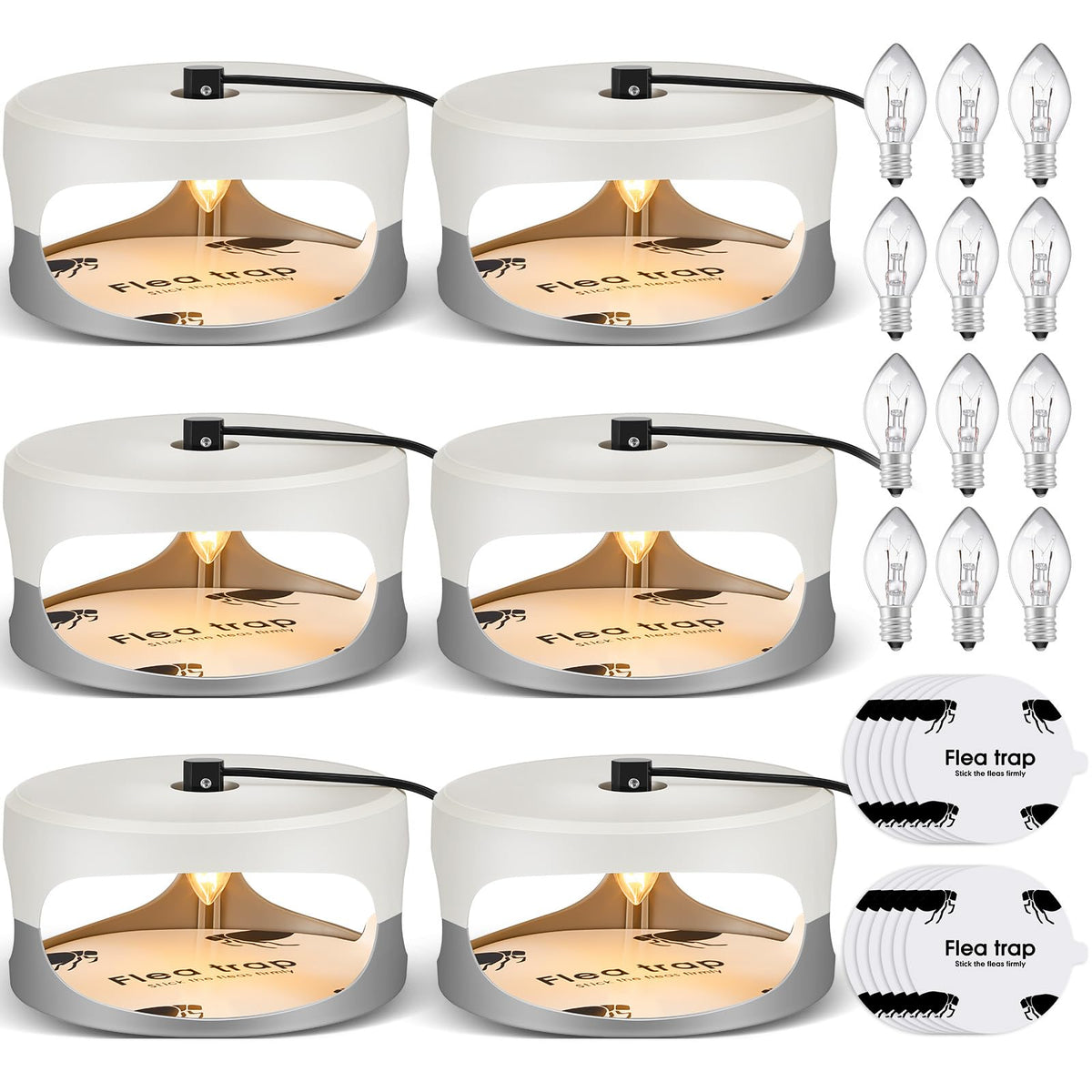 Qualirey 6-pack flea traps in white and gray designed for indoor use