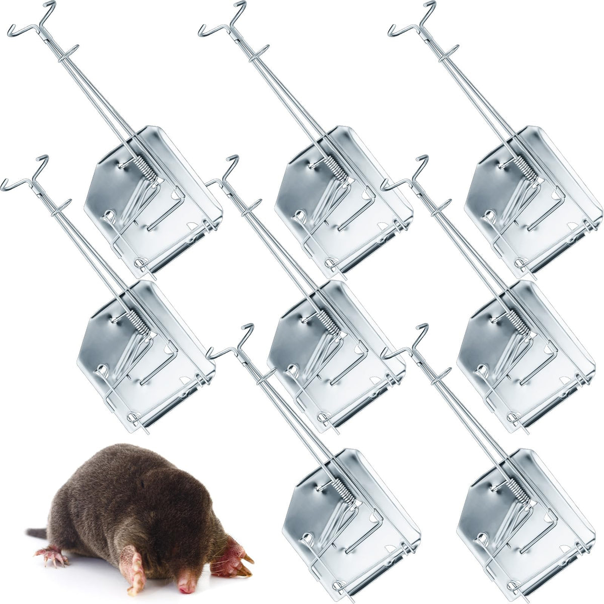 Qualirey mole traps front view highlights sturdy galvanized steel for outdoor use.