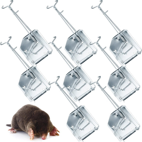 Qualirey mole traps front view highlights sturdy galvanized steel for outdoor use.