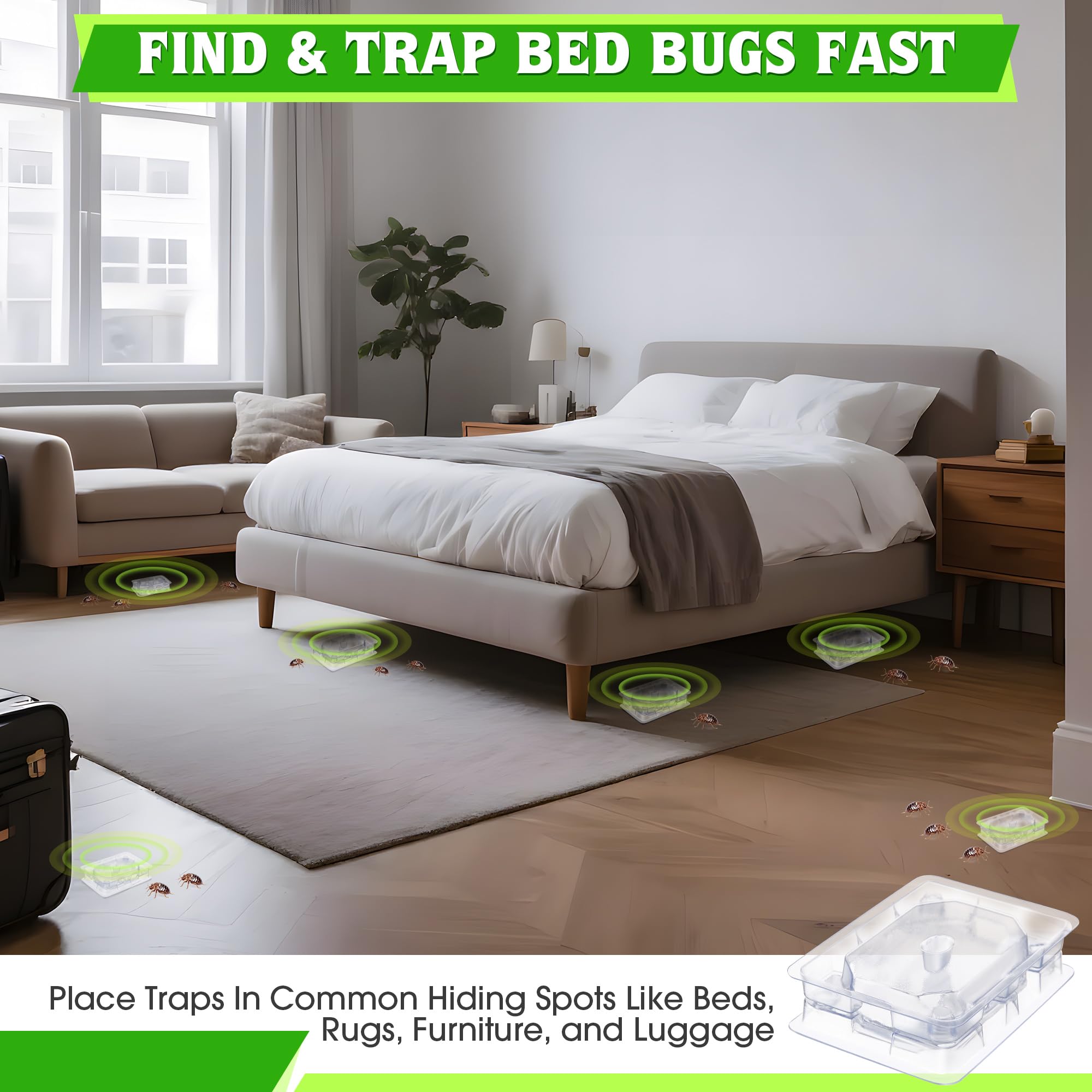 Qualirey bed bug detector trap under bed leg monitors sleeping areas.