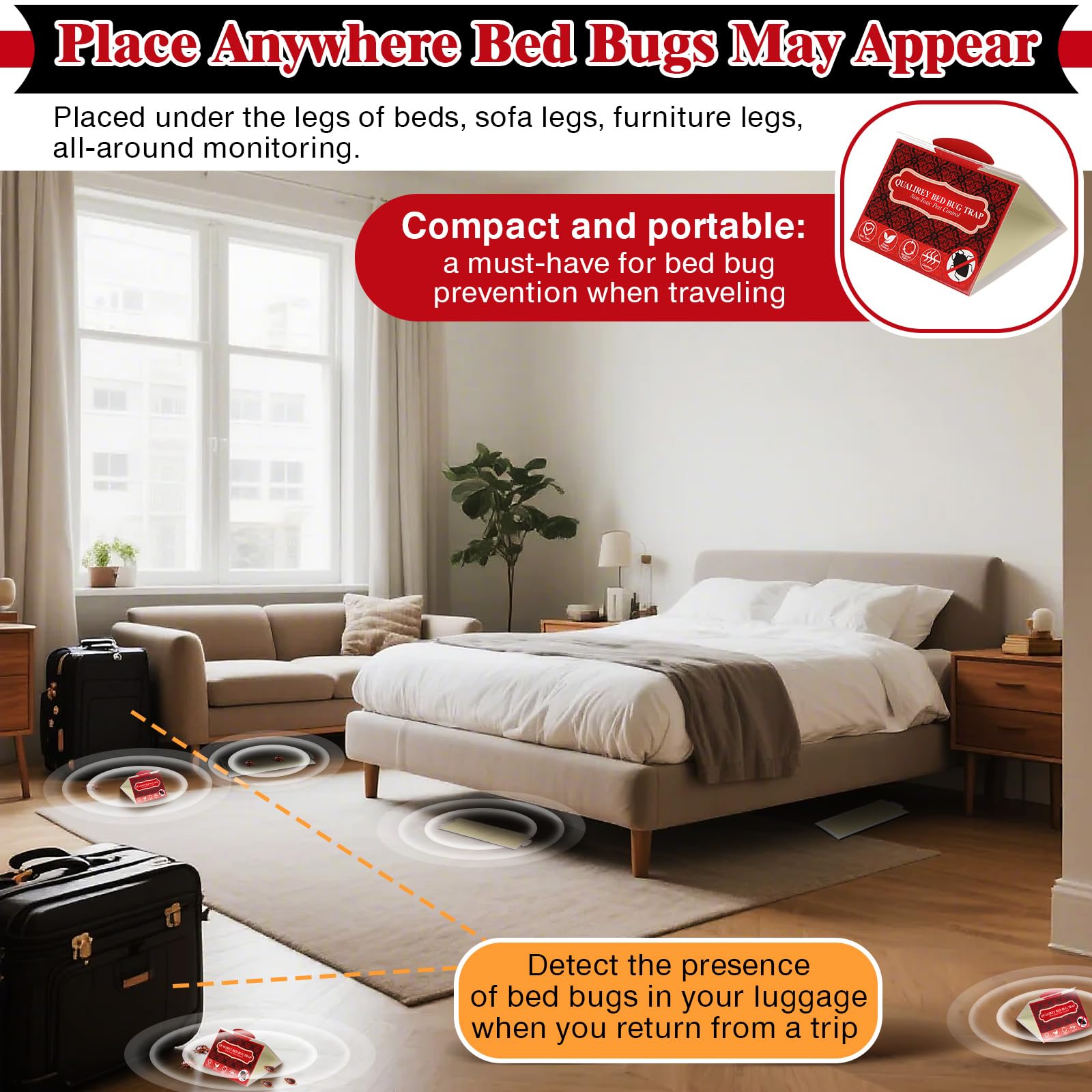 Qualirey trap shown in a hotel room for travel protection.