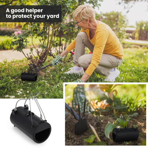 Qualirey Gopher Trap in garden, durable outdoor tool for lawn protection.